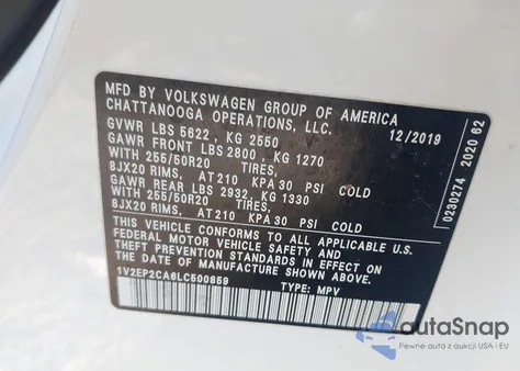 2020 Volkswagen Atlas 2.0T Sel from USA, damaged, VIN 1V2EP2CA6LC500859